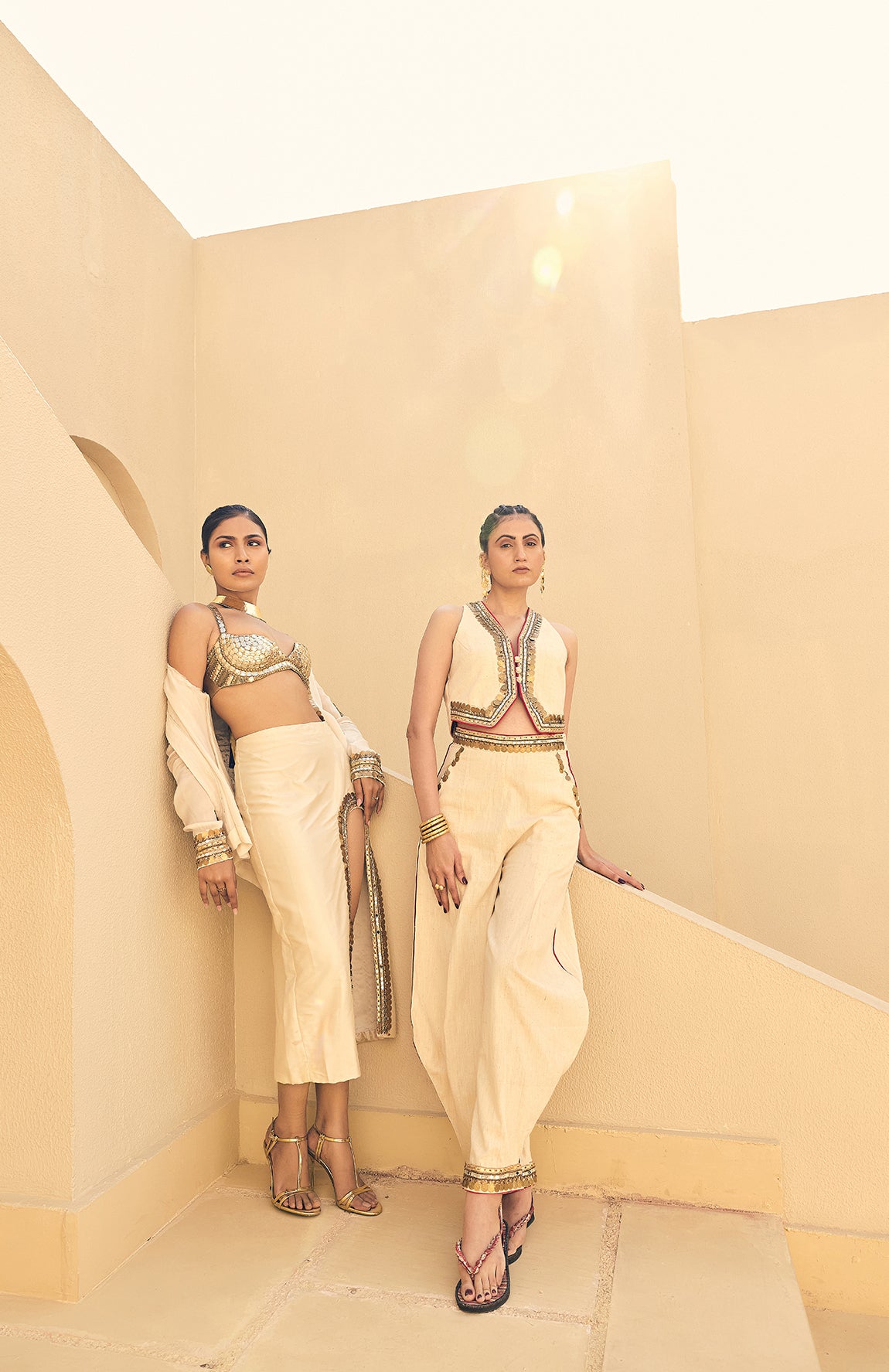 IVORY SATIN ORGANZA EMBELLISHED JACKET WITH SKIRT AND SEQUENCE  WORK BRALETTE