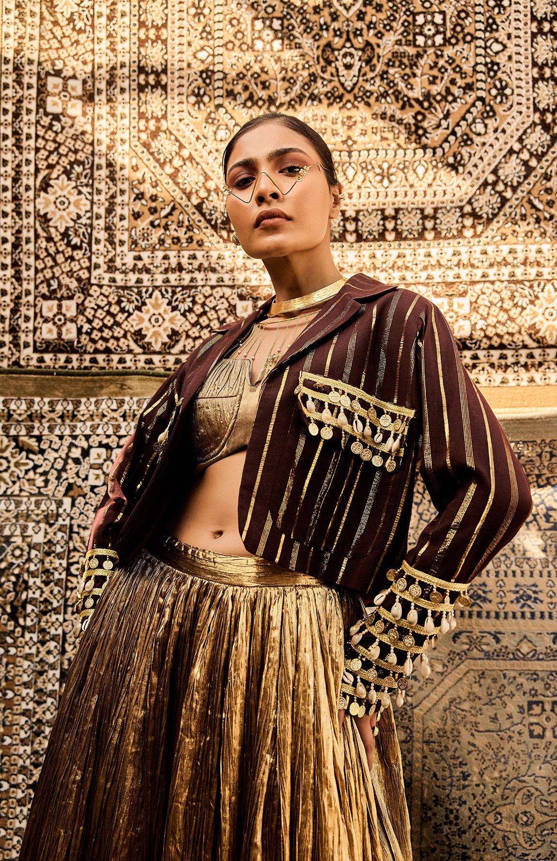 COTTON BROWN  JACKET  SILK JACQUARD BUSTIER CRUSHED SKIRT