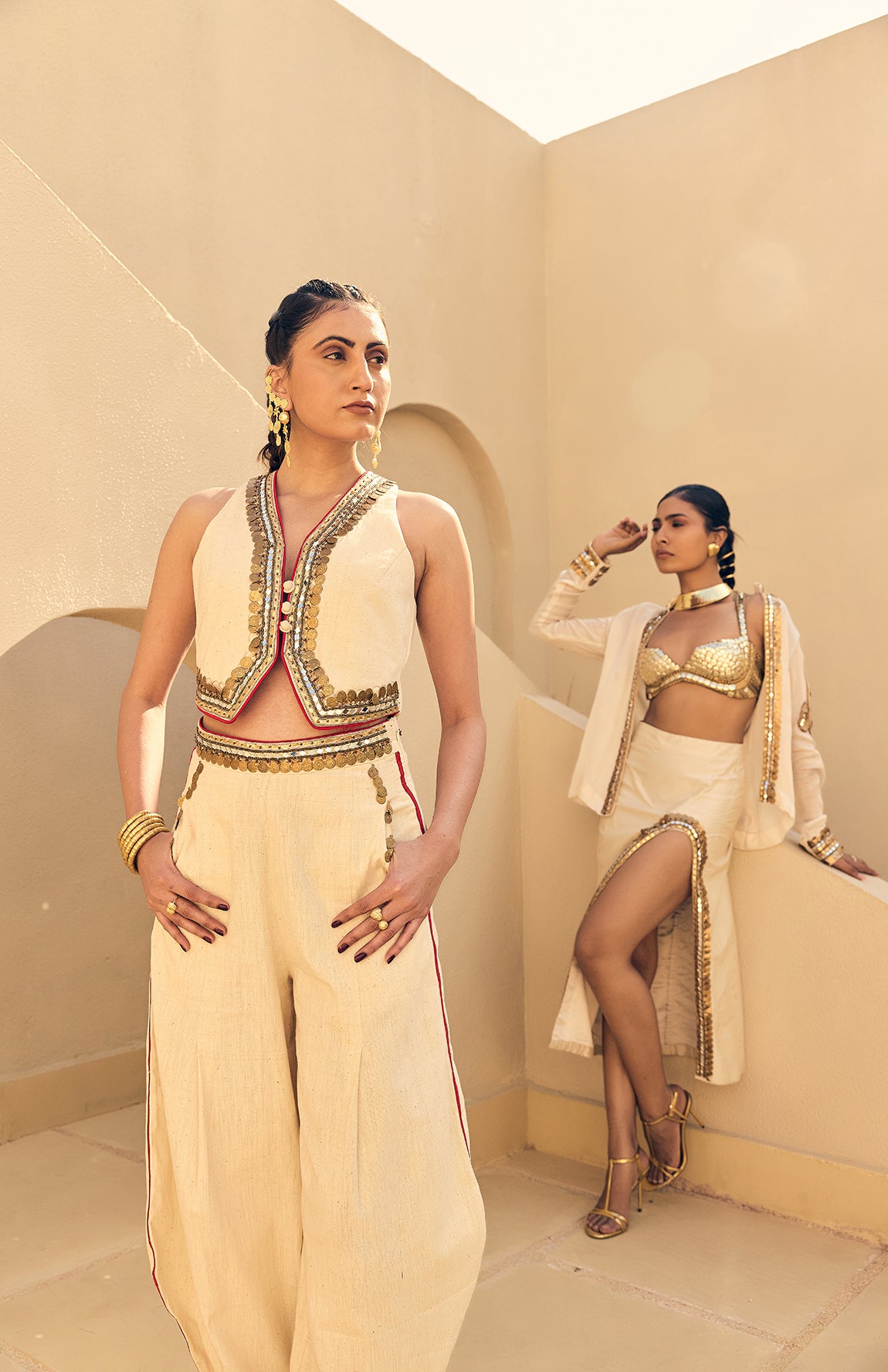 IVORY SATIN ORGANZA EMBELLISHED JACKET WITH SKIRT AND SEQUENCE  WORK BRALETTE