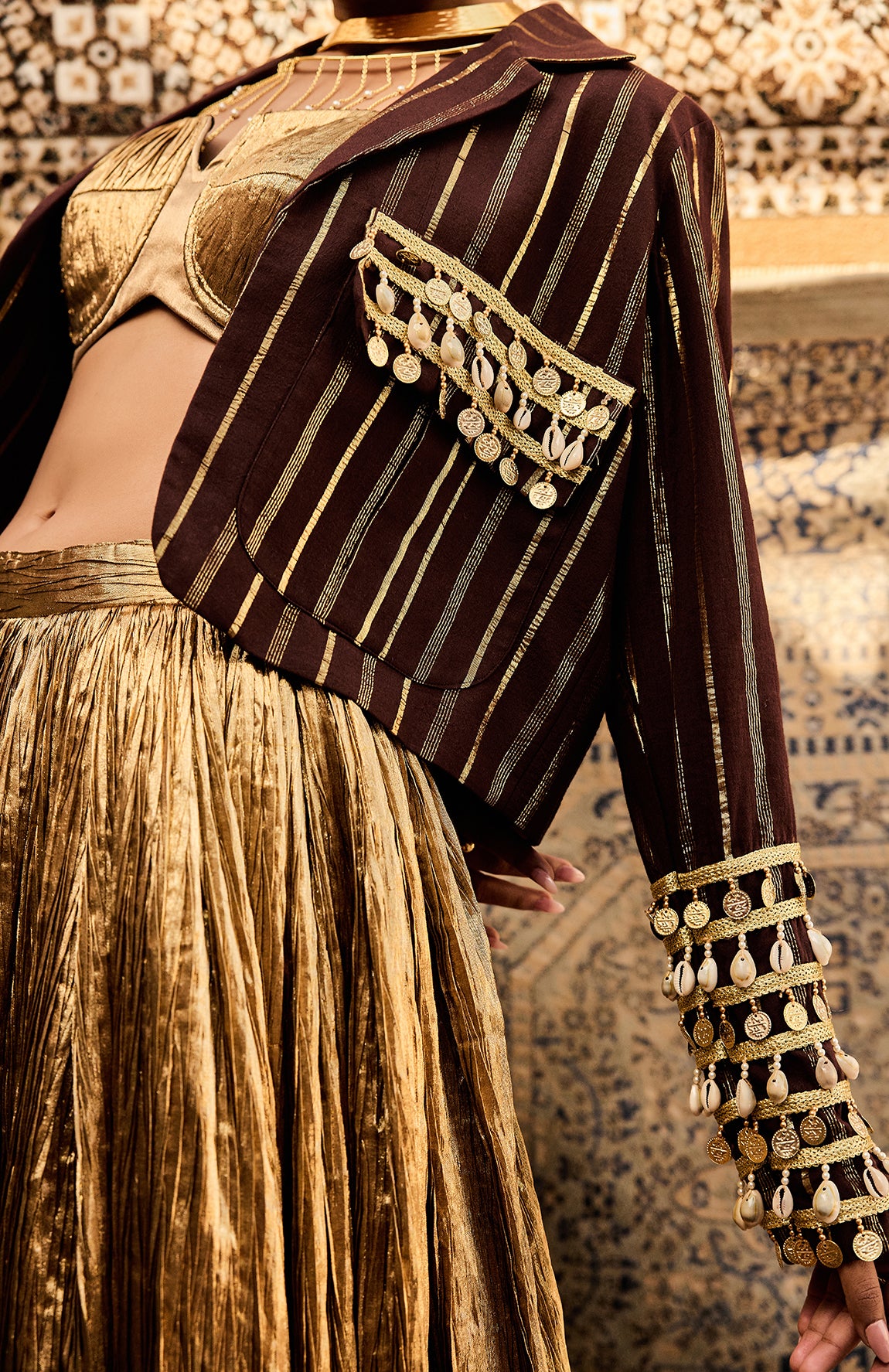 COTTON BROWN  JACKET  SILK JACQUARD BUSTIER CRUSHED SKIRT