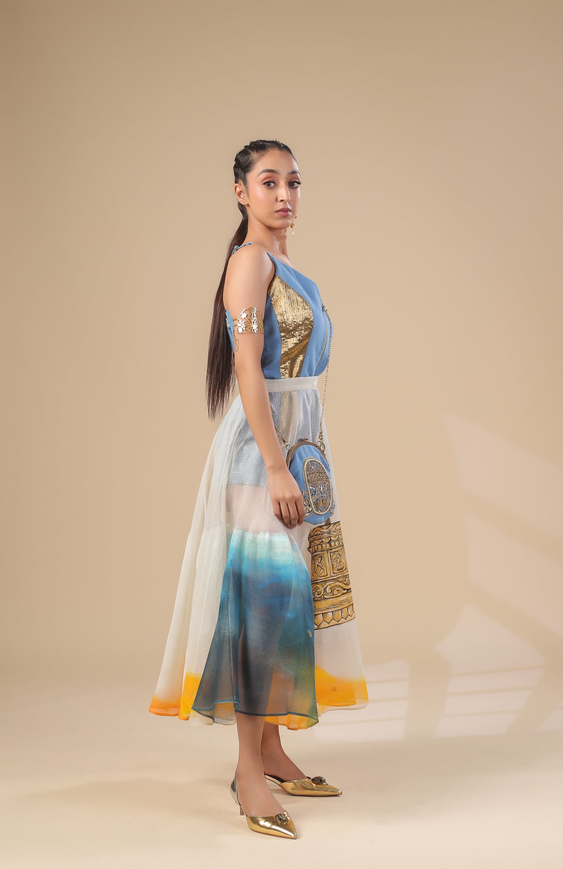 DENIM SHORT JUMPSUIT WITH SHEER KOTA DORIA SKIRT