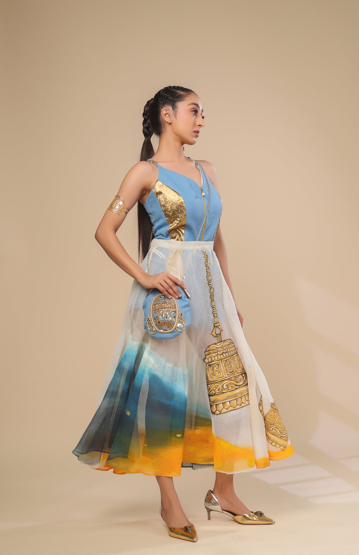 DENIM SHORT JUMPSUIT WITH SHEER KOTA DORIA SKIRT