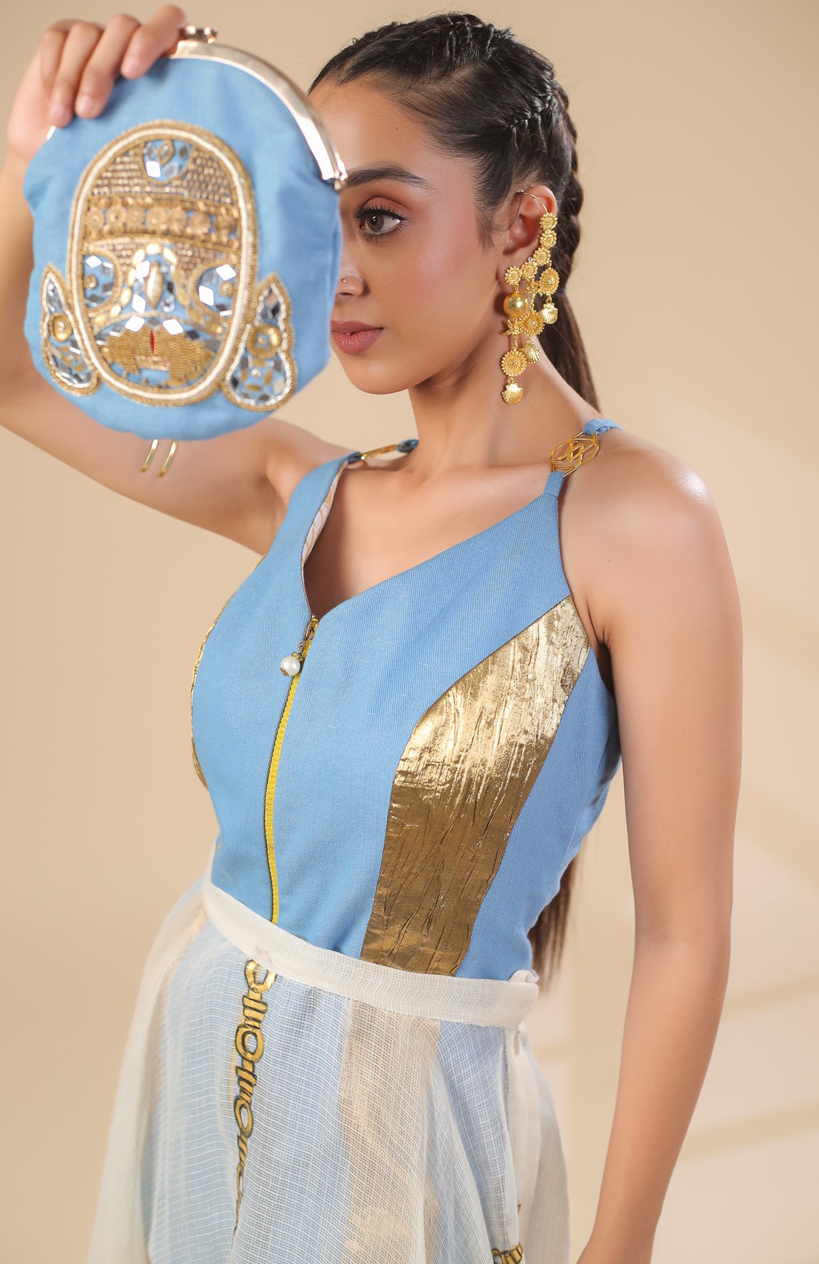 DENIM SHORT JUMPSUIT WITH SHEER KOTA DORIA SKIRT