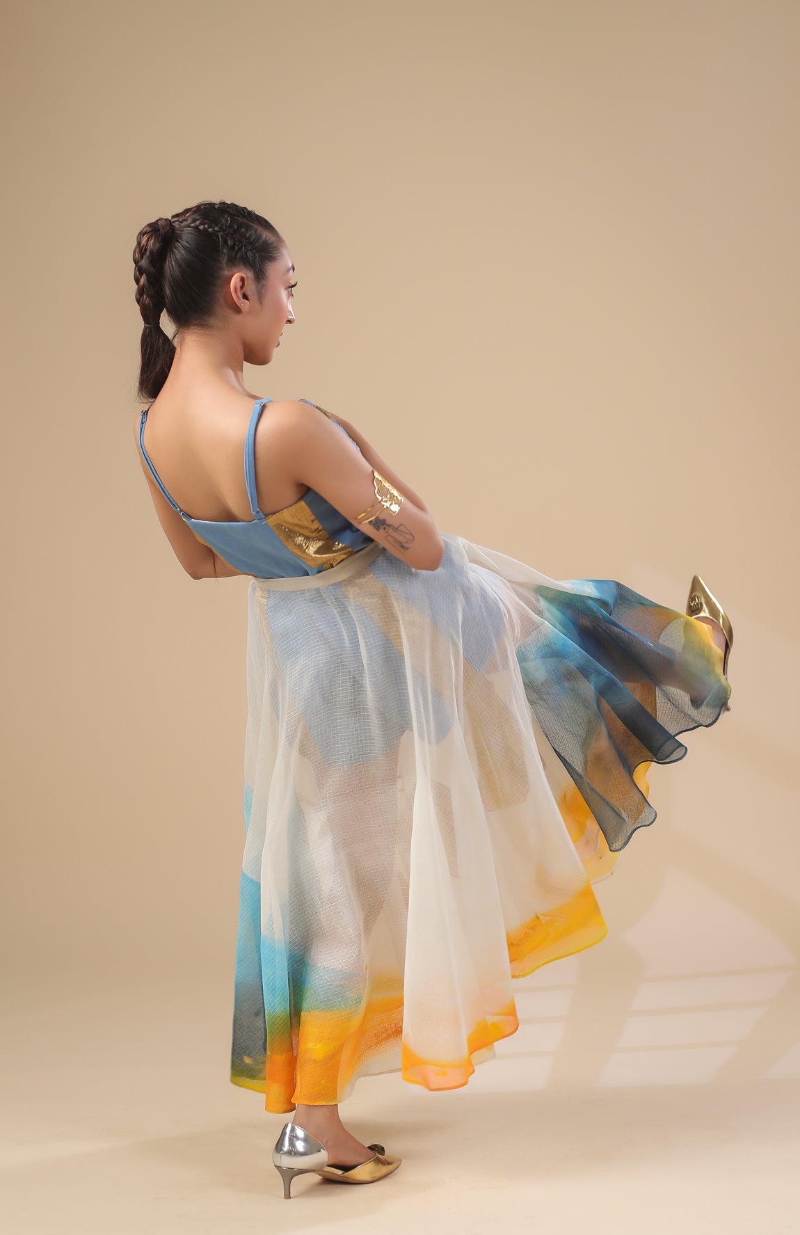 DENIM SHORT JUMPSUIT WITH SHEER KOTA DORIA SKIRT