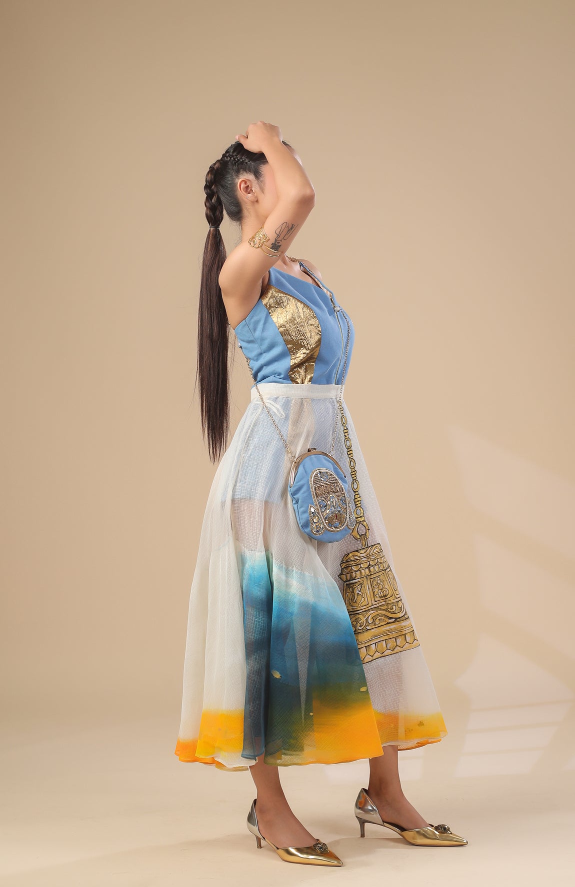 DENIM SHORT JUMPSUIT WITH SHEER KOTA DORIA SKIRT