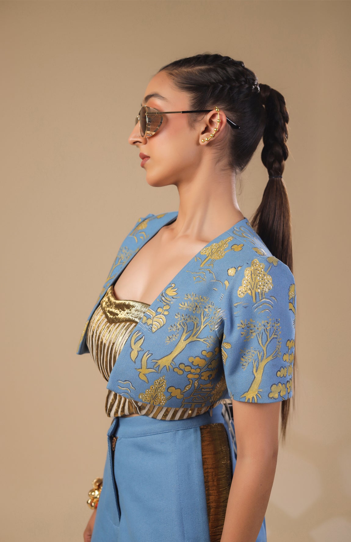 DENIM CROP JACKET WITH GOLD AND IVORY PLEATED CORSET WITH DENIM PANTS