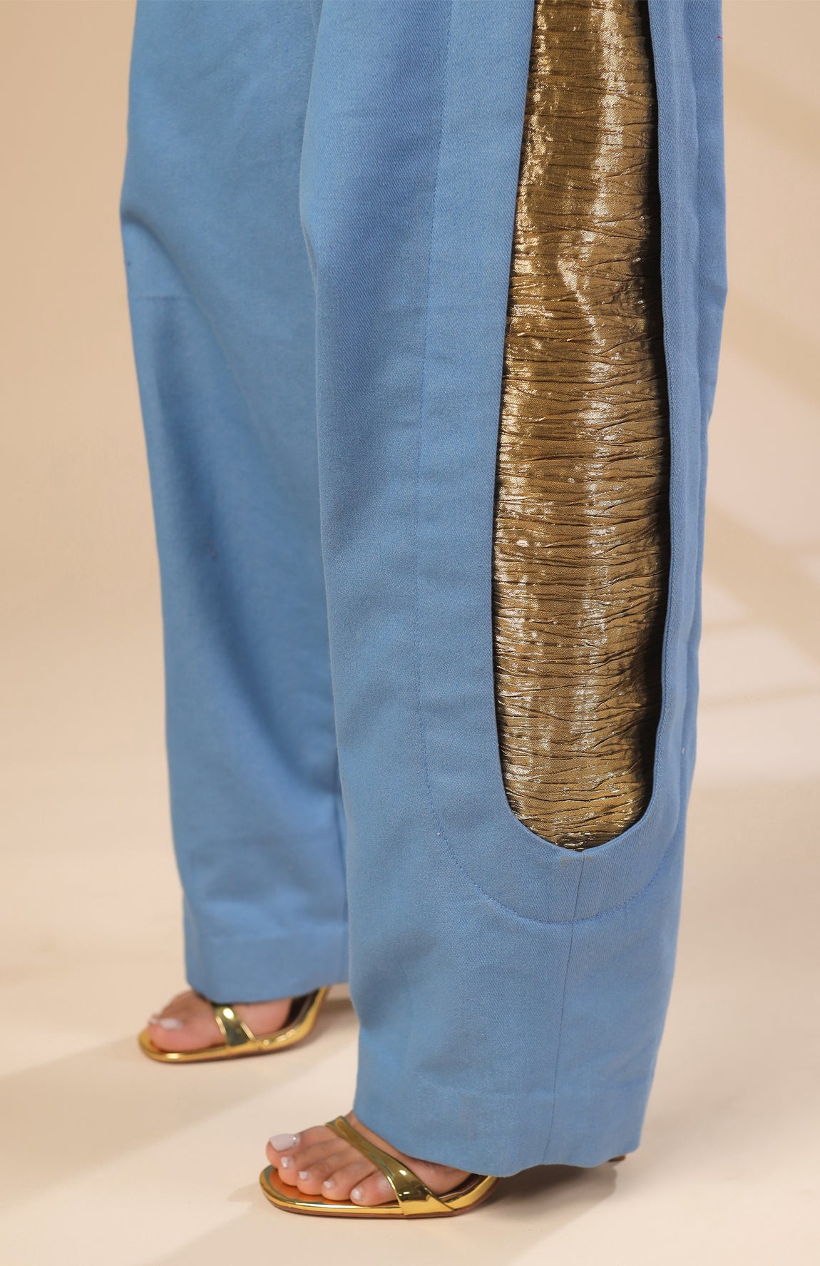 DENIM CROP JACKET WITH GOLD AND IVORY PLEATED CORSET WITH DENIM PANTS