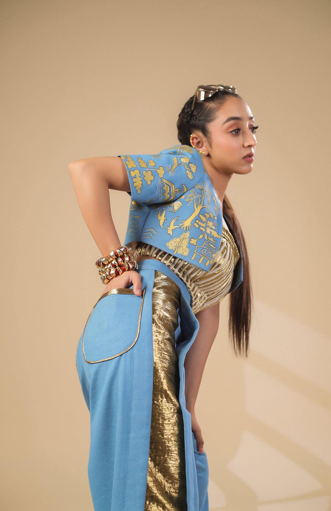 DENIM CROP JACKET WITH GOLD AND IVORY PLEATED CORSET WITH DENIM PANTS