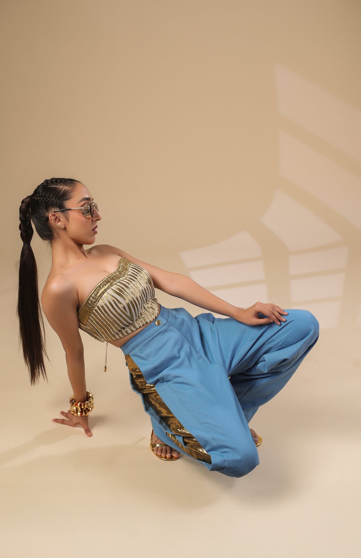 DENIM CROP JACKET WITH GOLD AND IVORY PLEATED CORSET WITH DENIM PANTS