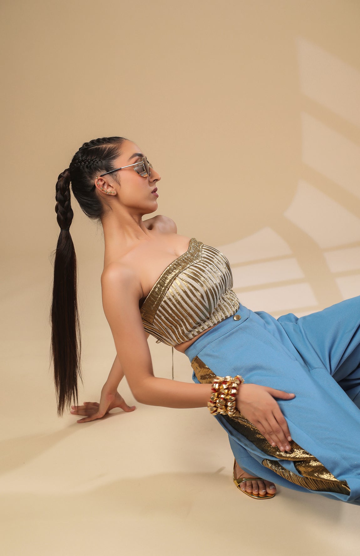 DENIM CROP JACKET WITH GOLD AND IVORY PLEATED CORSET WITH DENIM PANTS