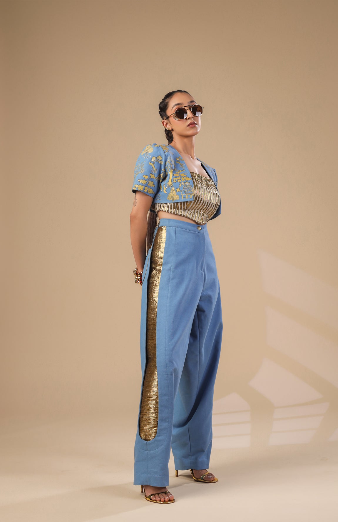 DENIM CROP JACKET WITH GOLD AND IVORY PLEATED CORSET WITH DENIM PANTS