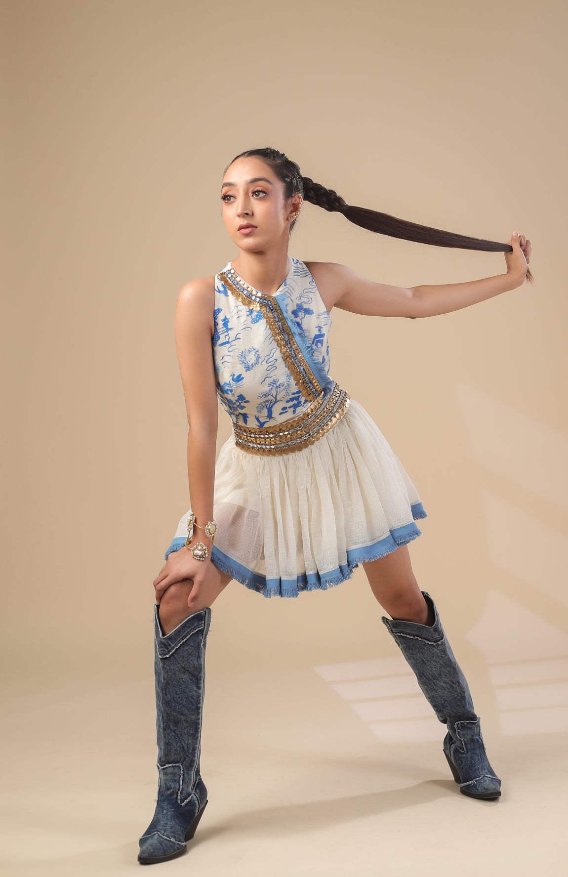 KOTA DORIA HAND PAINT TOP WITH KOTA DORIA SKIRT WITH DENIM FRINGE DETAIL