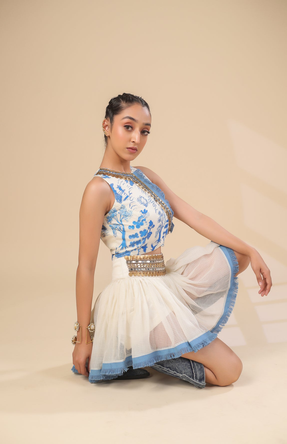 KOTA DORIA HAND PAINT TOP WITH KOTA DORIA SKIRT WITH DENIM FRINGE DETAIL