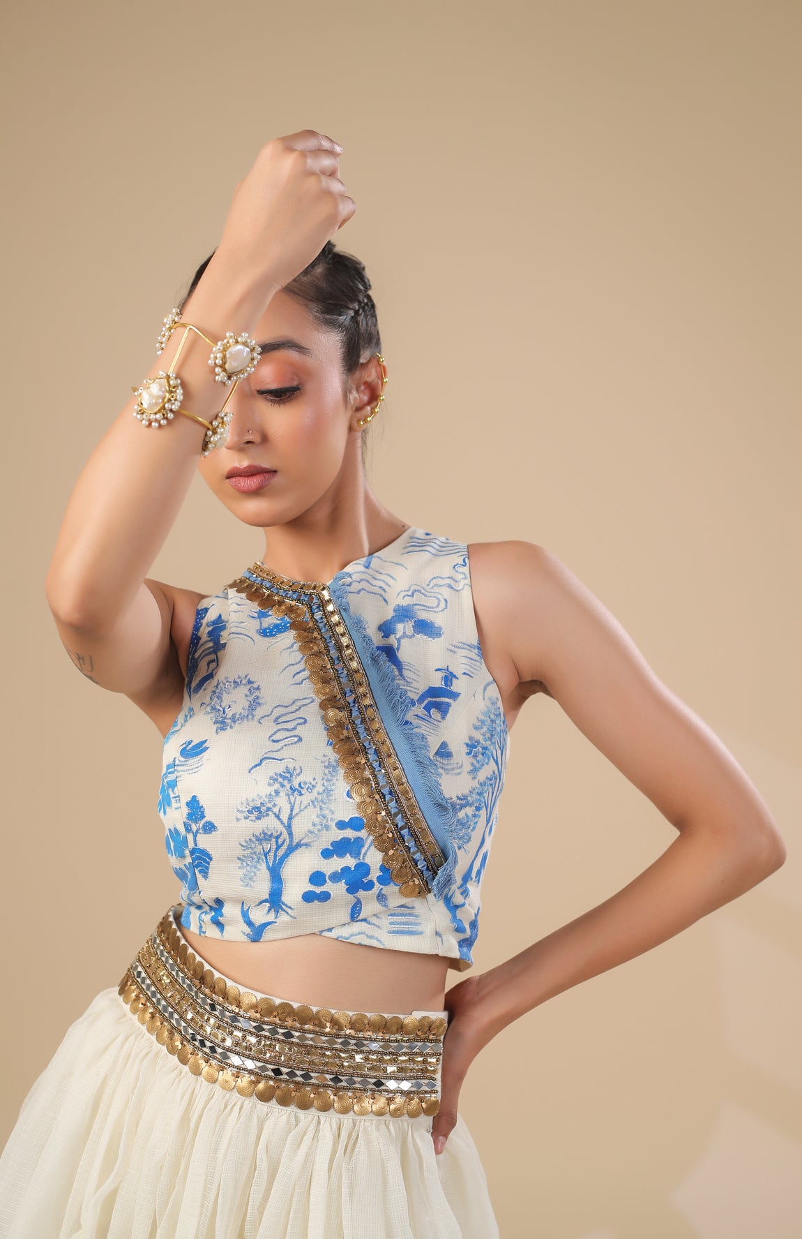 KOTA DORIA HAND PAINT TOP WITH KOTA DORIA SKIRT WITH DENIM FRINGE DETAIL