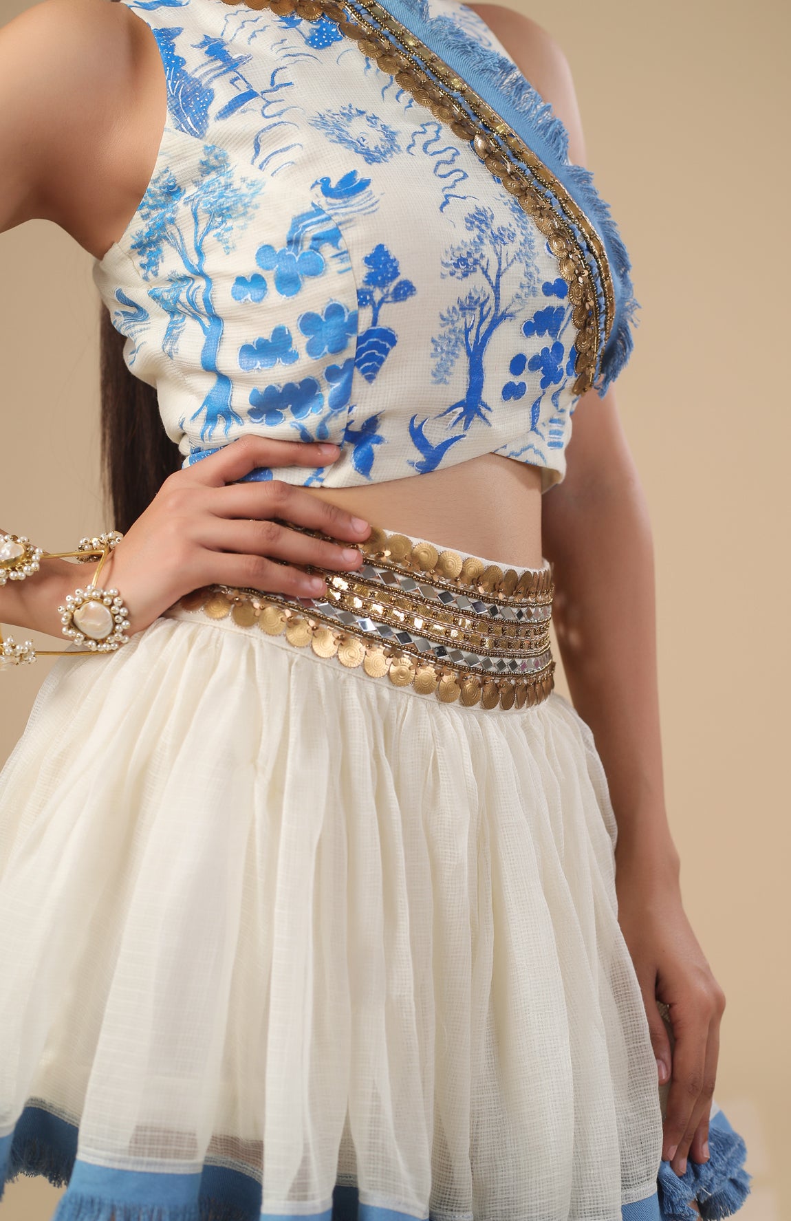 KOTA DORIA HAND PAINT TOP WITH KOTA DORIA SKIRT WITH DENIM FRINGE DETAIL