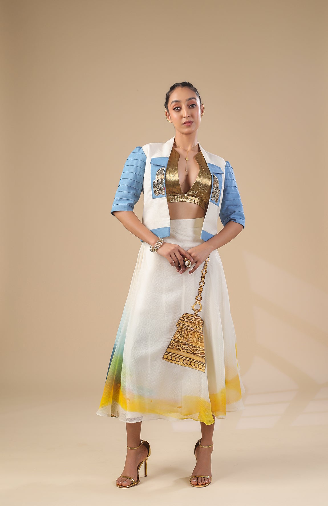 KOTA DORIA JACKET  GOLD BRALETTE WITH KOTA DORIA SKIRT