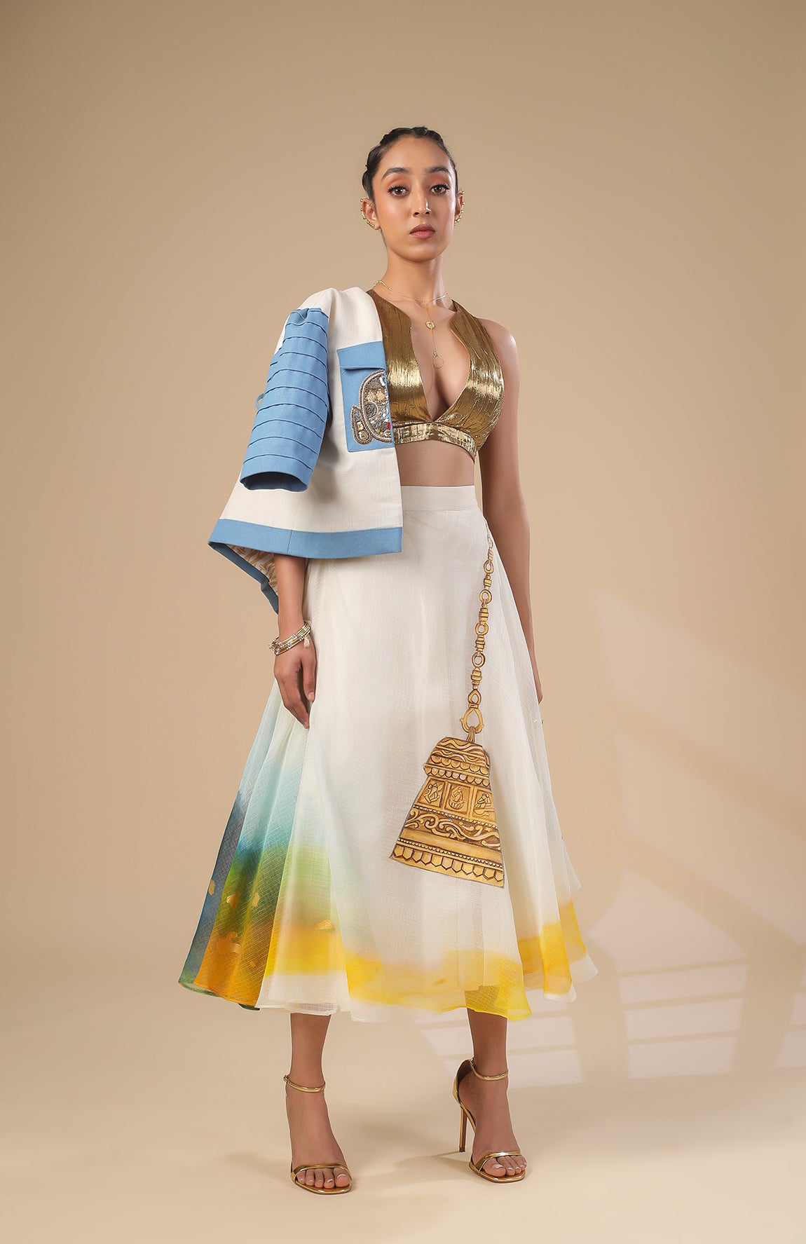 KOTA DORIA JACKET  GOLD BRALETTE WITH KOTA DORIA SKIRT