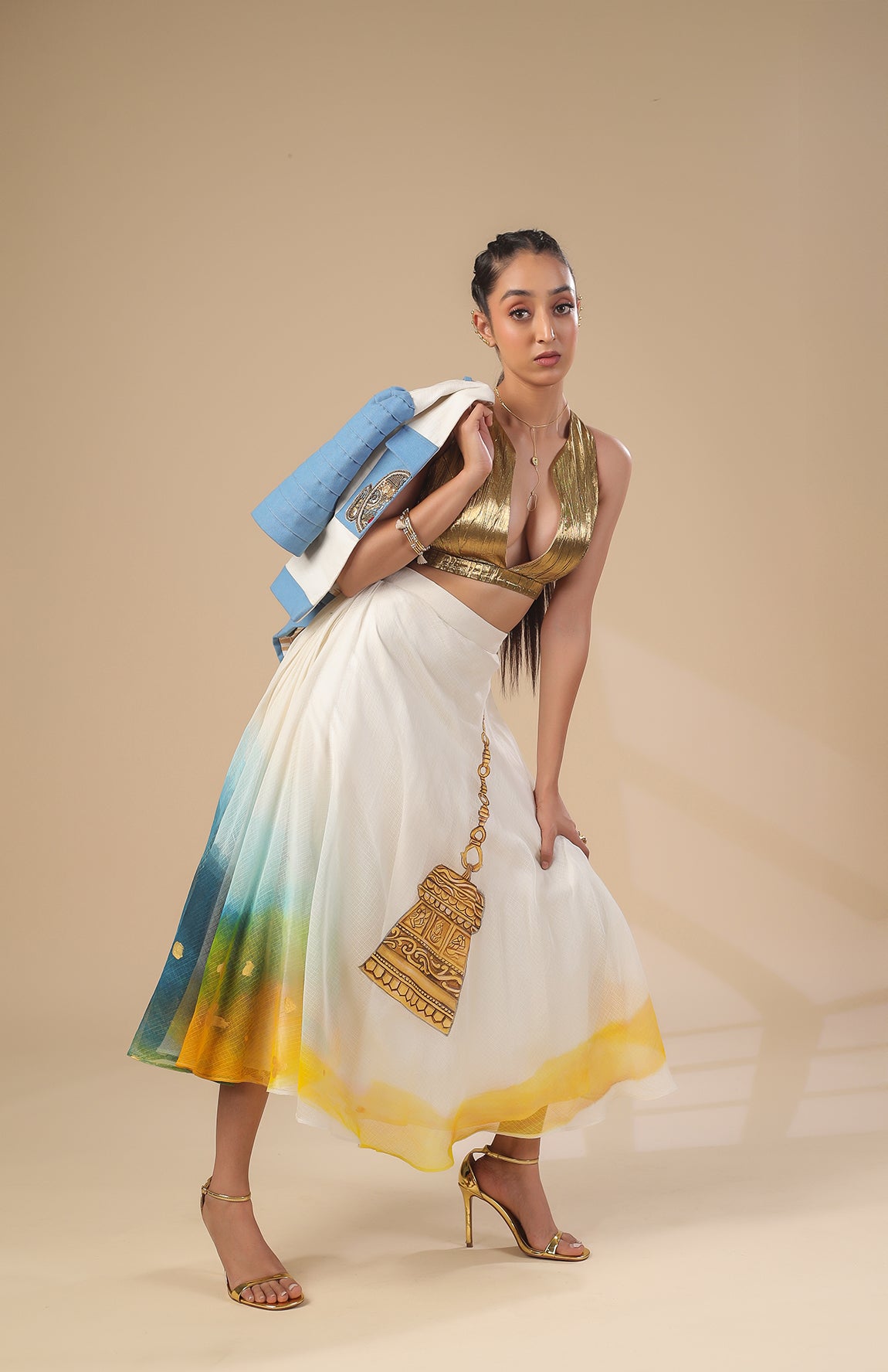 KOTA DORIA JACKET  GOLD BRALETTE WITH KOTA DORIA SKIRT