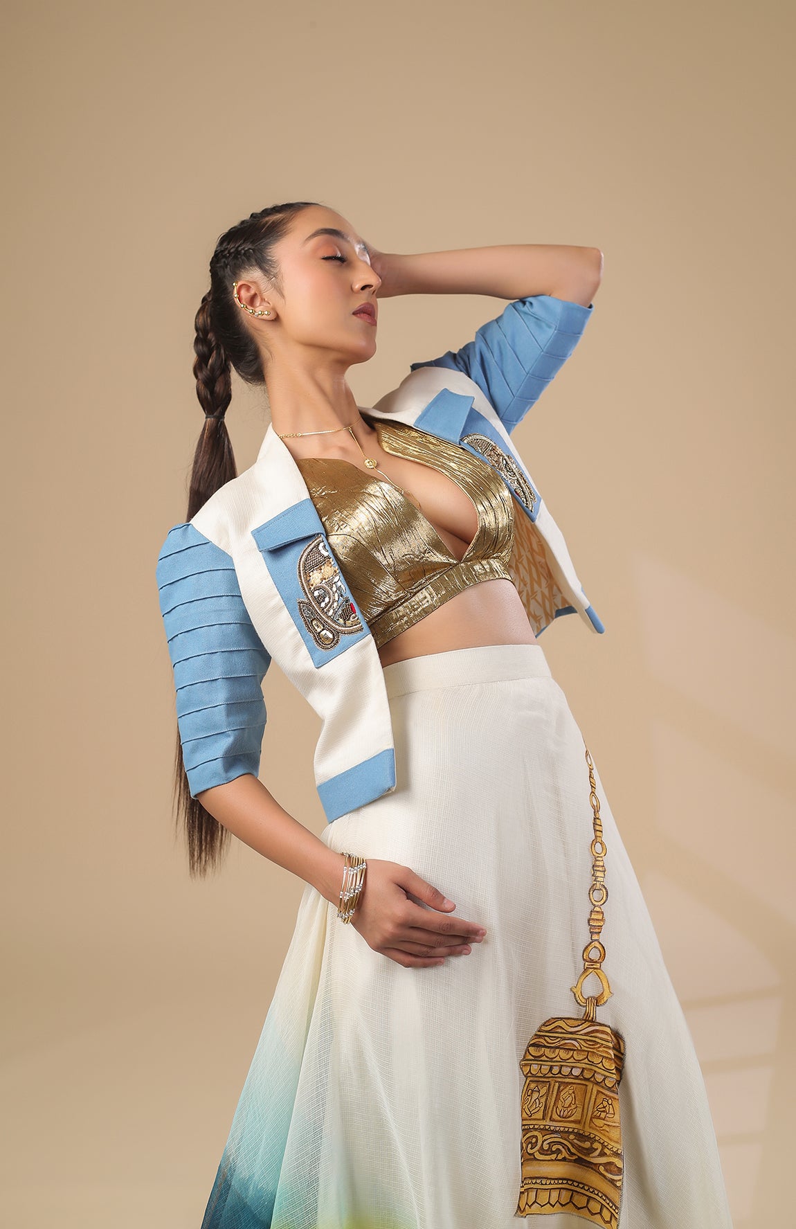 KOTA DORIA JACKET  GOLD BRALETTE WITH KOTA DORIA SKIRT