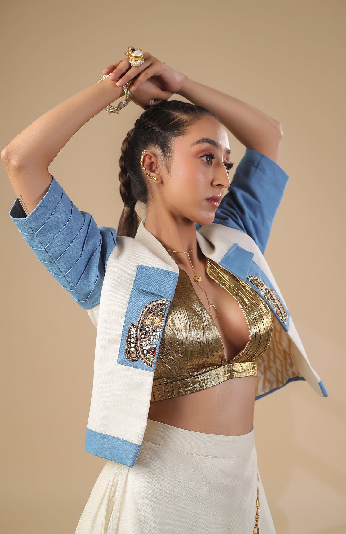 KOTA DORIA JACKET  GOLD BRALETTE WITH KOTA DORIA SKIRT