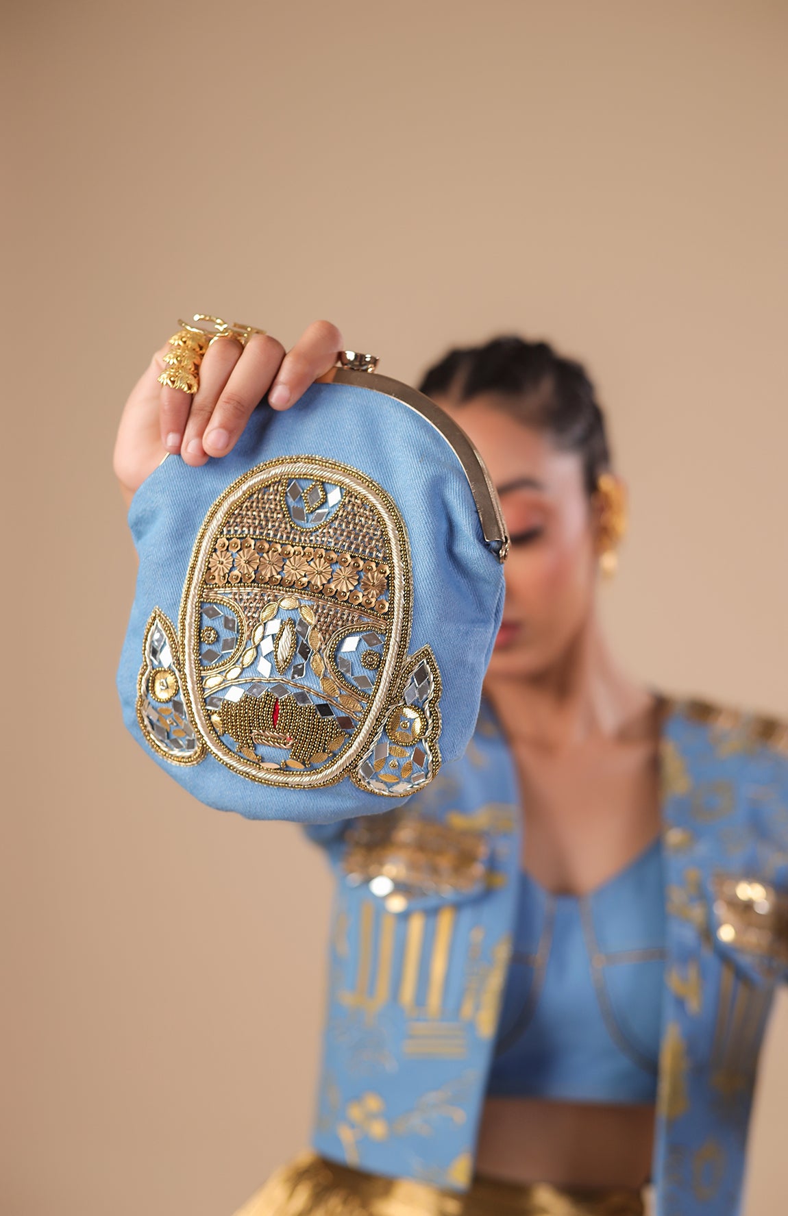 DENIM CROP JACKET  WITH DENIM  BRALETTE AND GOLD SKIRT