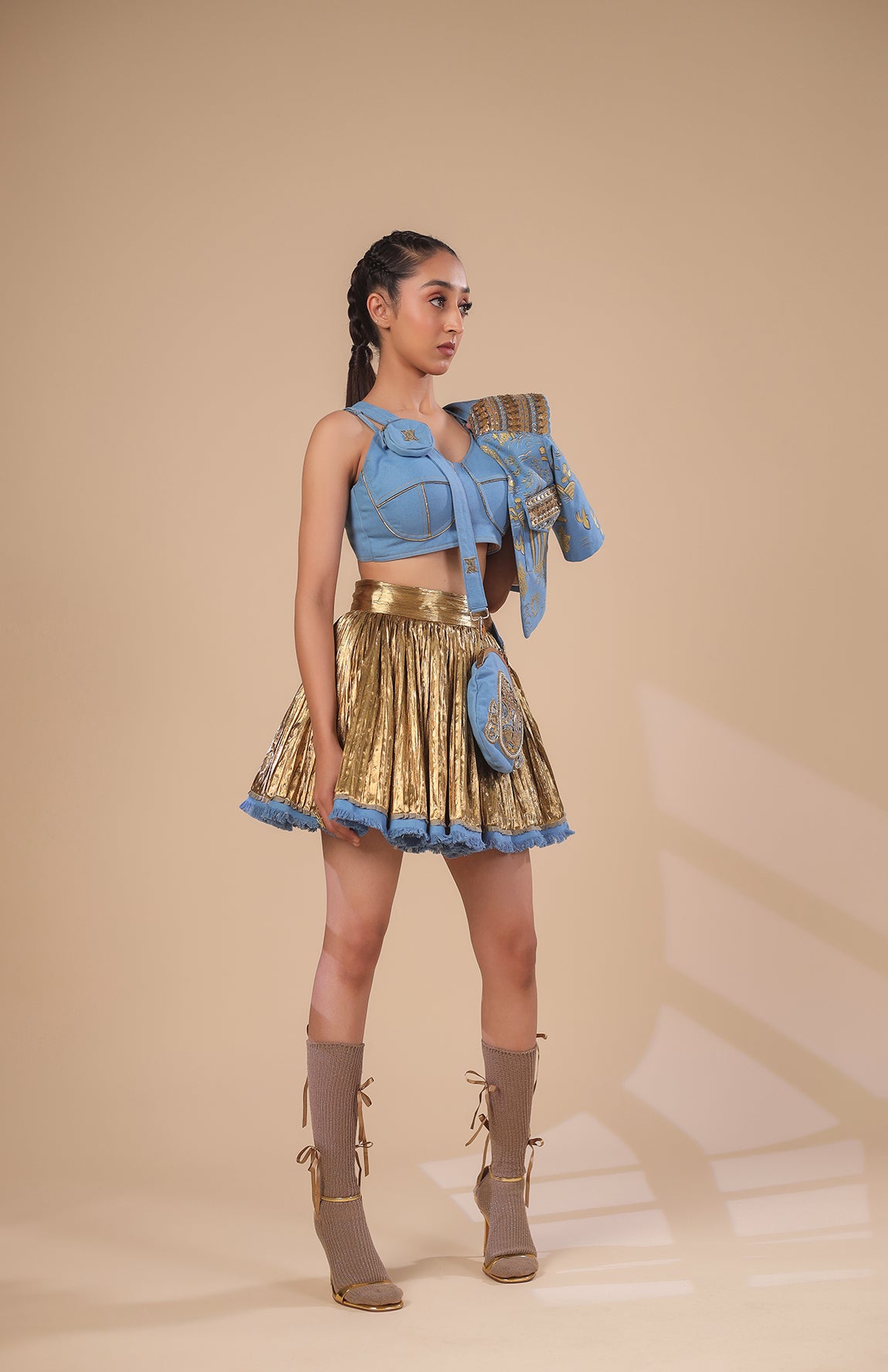 DENIM CROP JACKET  WITH DENIM  BRALETTE AND GOLD SKIRT