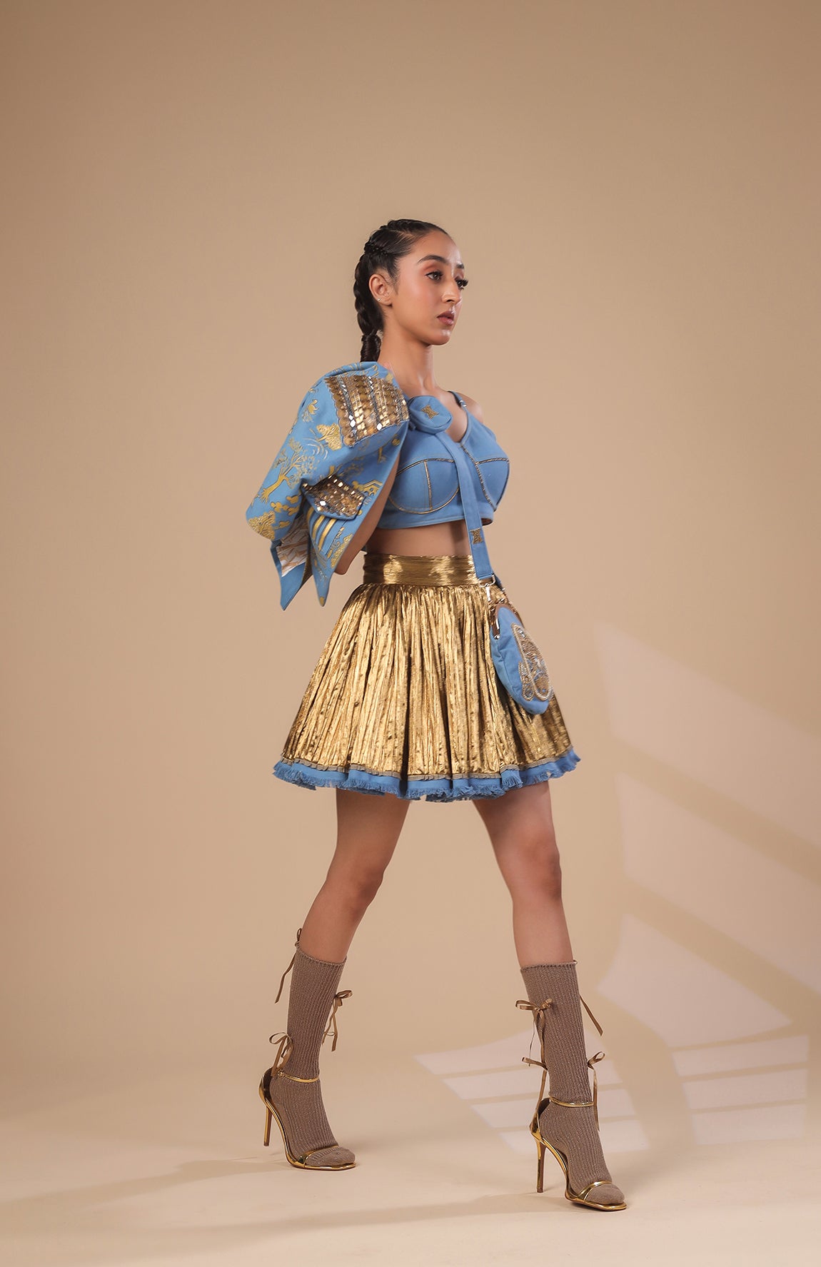 DENIM CROP JACKET  WITH DENIM  BRALETTE AND GOLD SKIRT