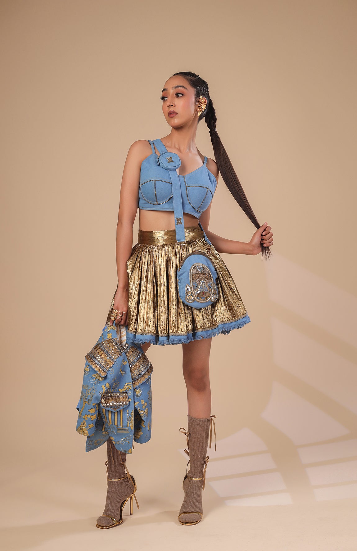 DENIM CROP JACKET  WITH DENIM  BRALETTE AND GOLD SKIRT