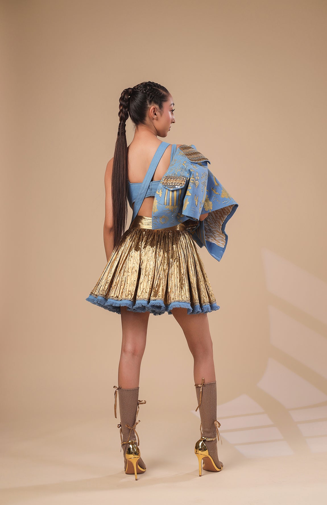 DENIM CROP JACKET  WITH DENIM  BRALETTE AND GOLD SKIRT