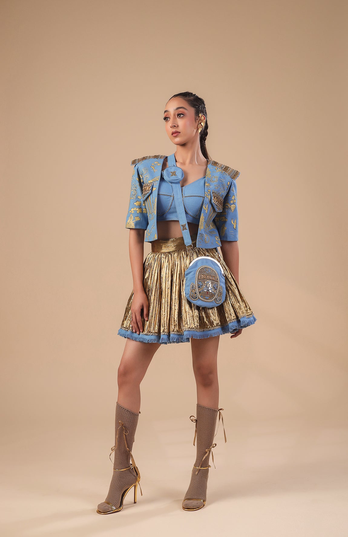 DENIM CROP JACKET  WITH DENIM  BRALETTE AND GOLD SKIRT