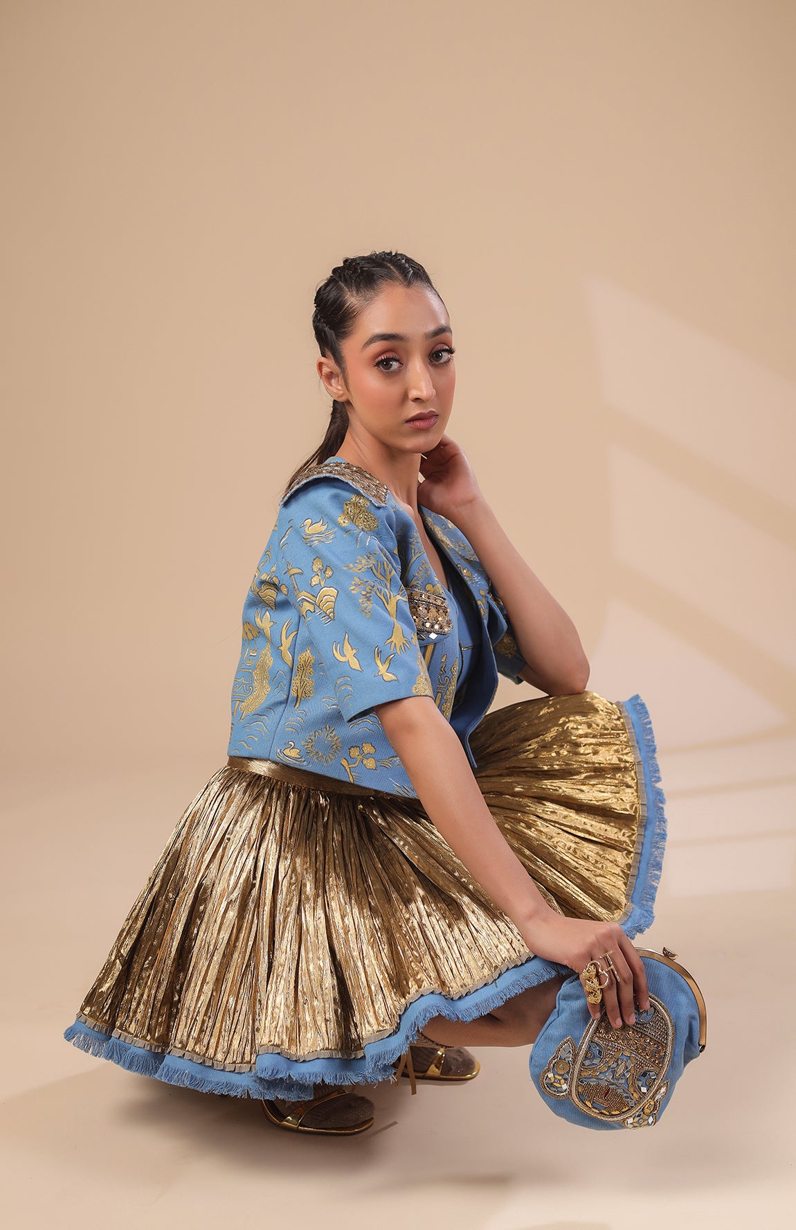 DENIM CROP JACKET  WITH DENIM  BRALETTE AND GOLD SKIRT