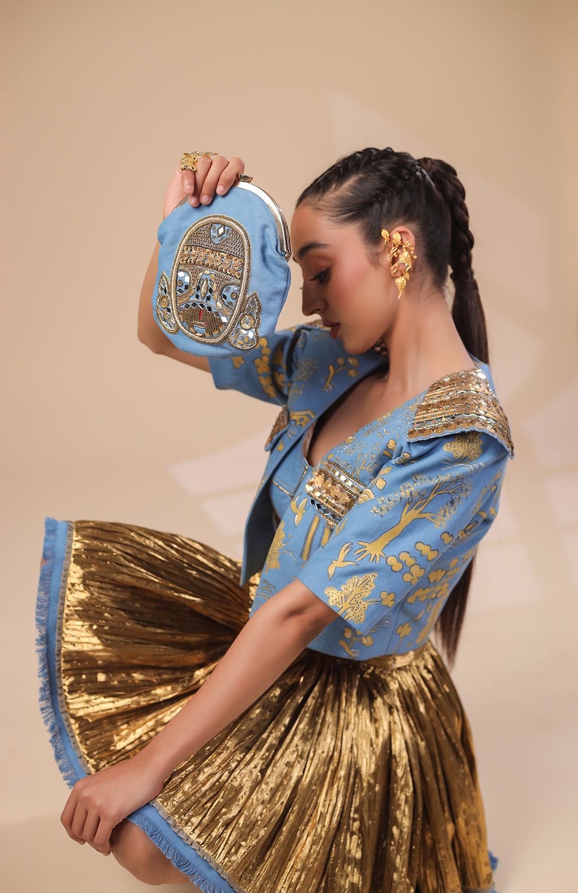 DENIM CROP JACKET  WITH DENIM  BRALETTE AND GOLD SKIRT