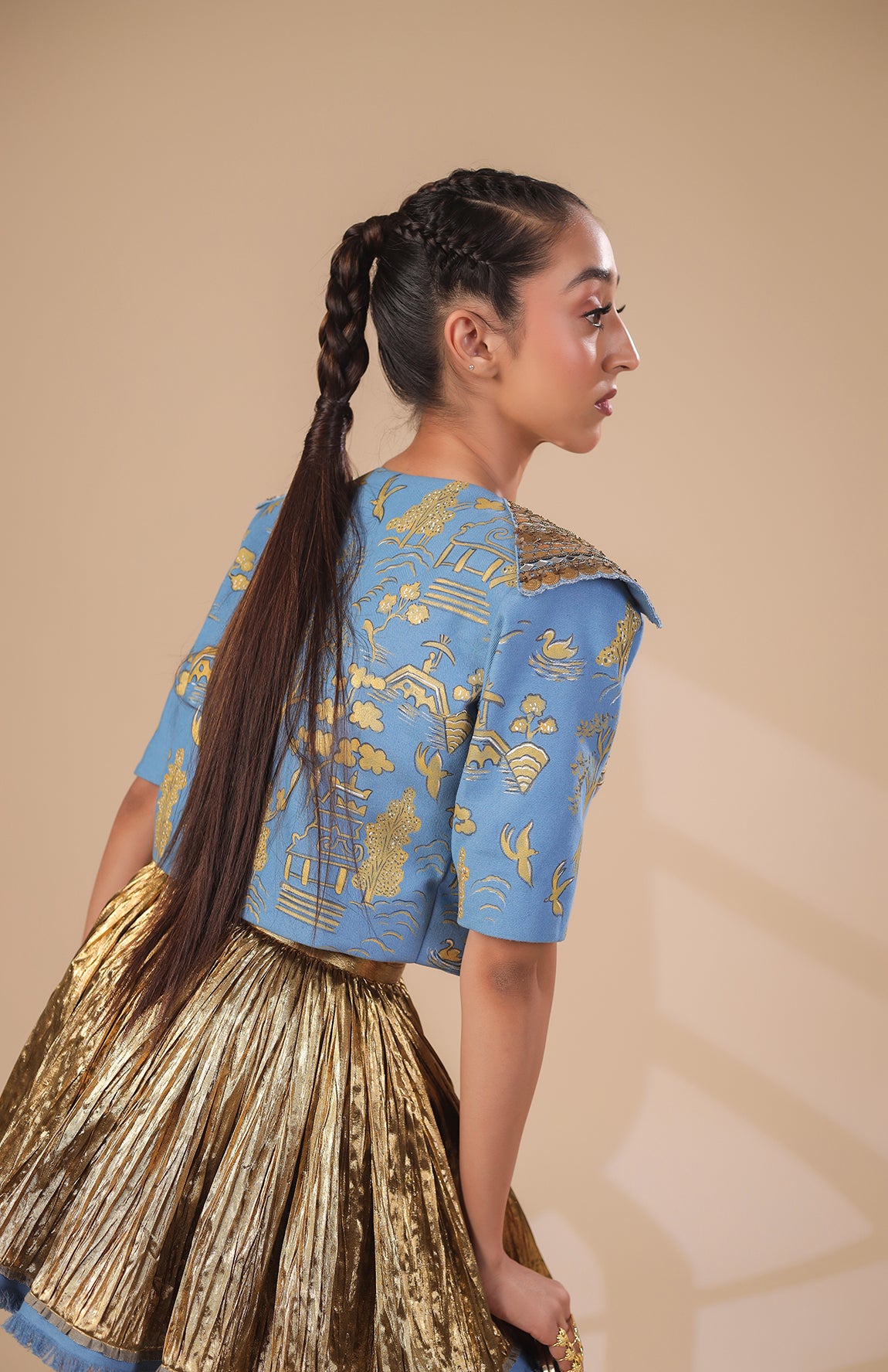 DENIM CROP JACKET  WITH DENIM  BRALETTE AND GOLD SKIRT