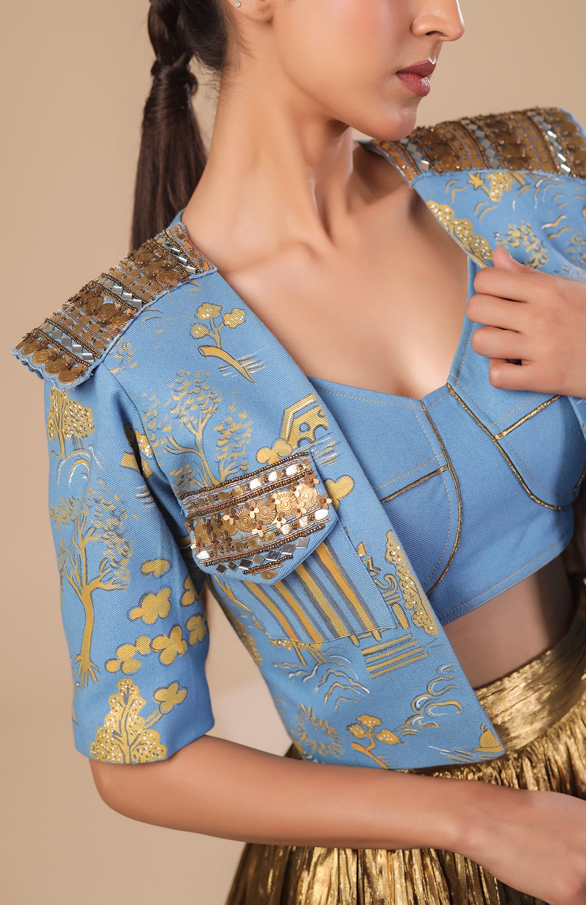 DENIM CROP JACKET  WITH DENIM  BRALETTE AND GOLD SKIRT