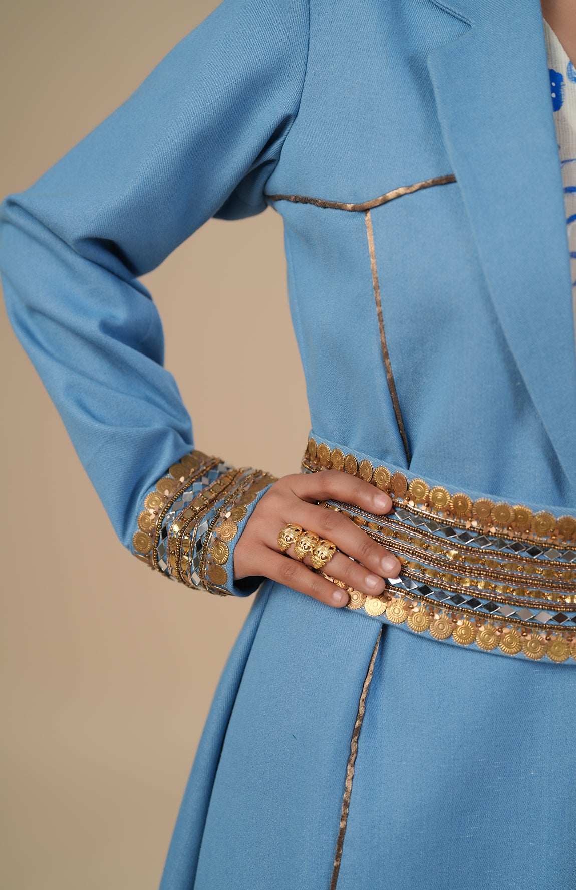 HAND PAINT KOTA DORIA DRESS AND DENIM TRENCH COAT WITH BELT