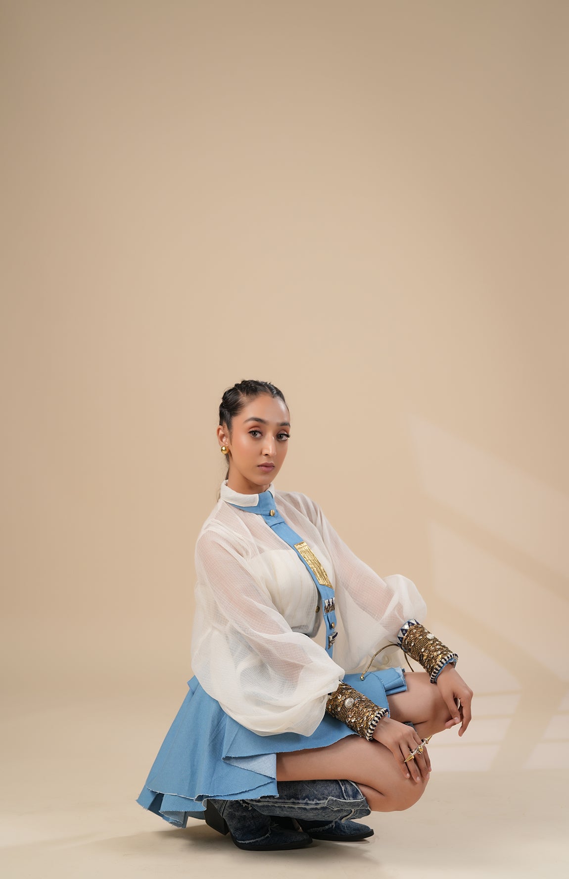 DENIM SKIRT WITH KOTA DORIA SHIRT, CUFF AND TIE