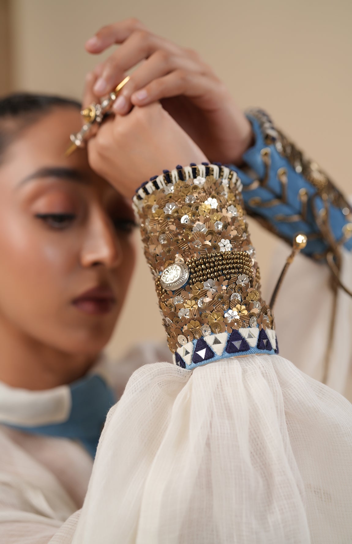 DENIM SKIRT WITH KOTA DORIA SHIRT, CUFF AND TIE