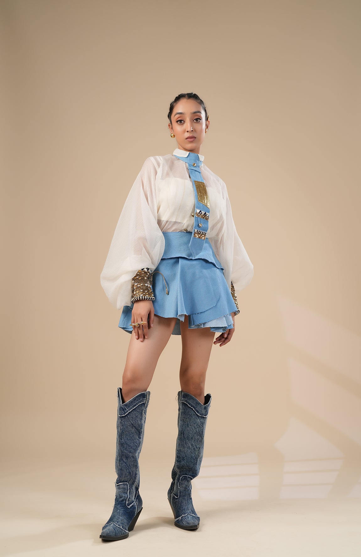 DENIM SKIRT WITH KOTA DORIA SHIRT, CUFF AND TIE