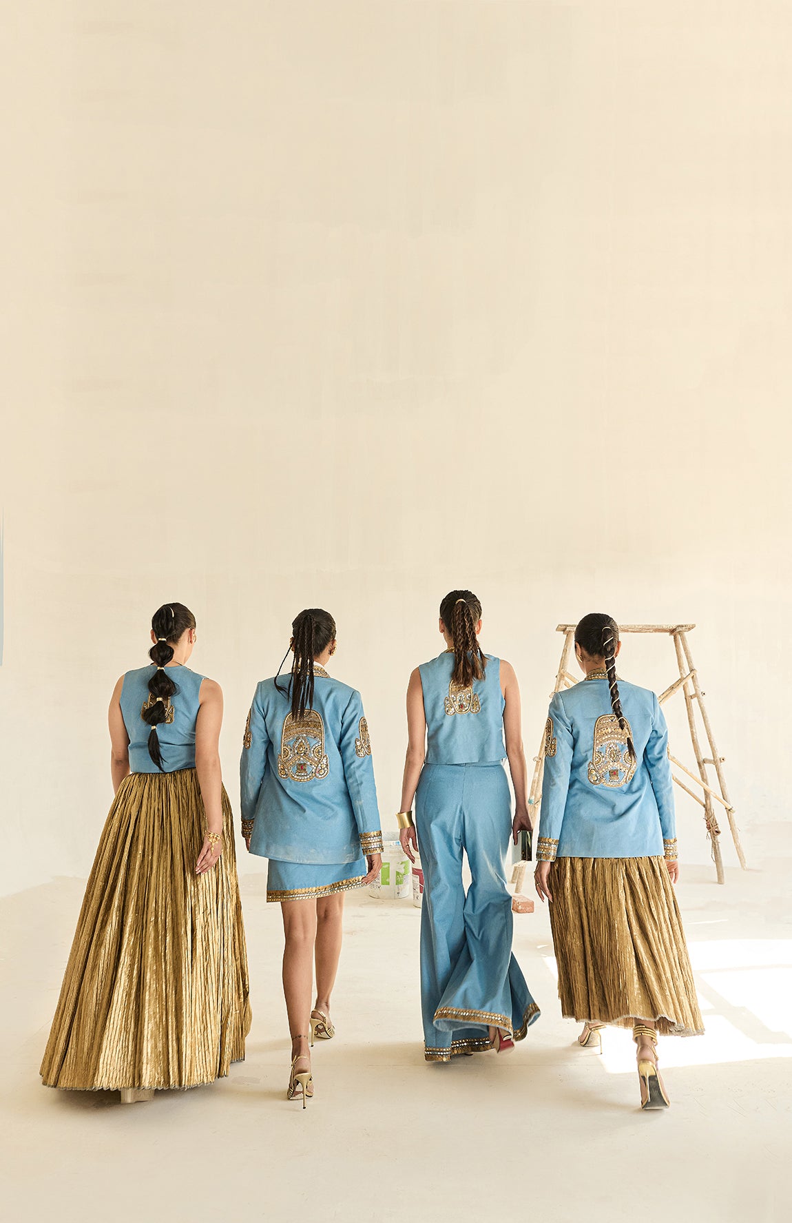 DENIM BLAZER WITH GOLD BUSTIER AND SILK JECQUARD CRUSHED LEHANGA