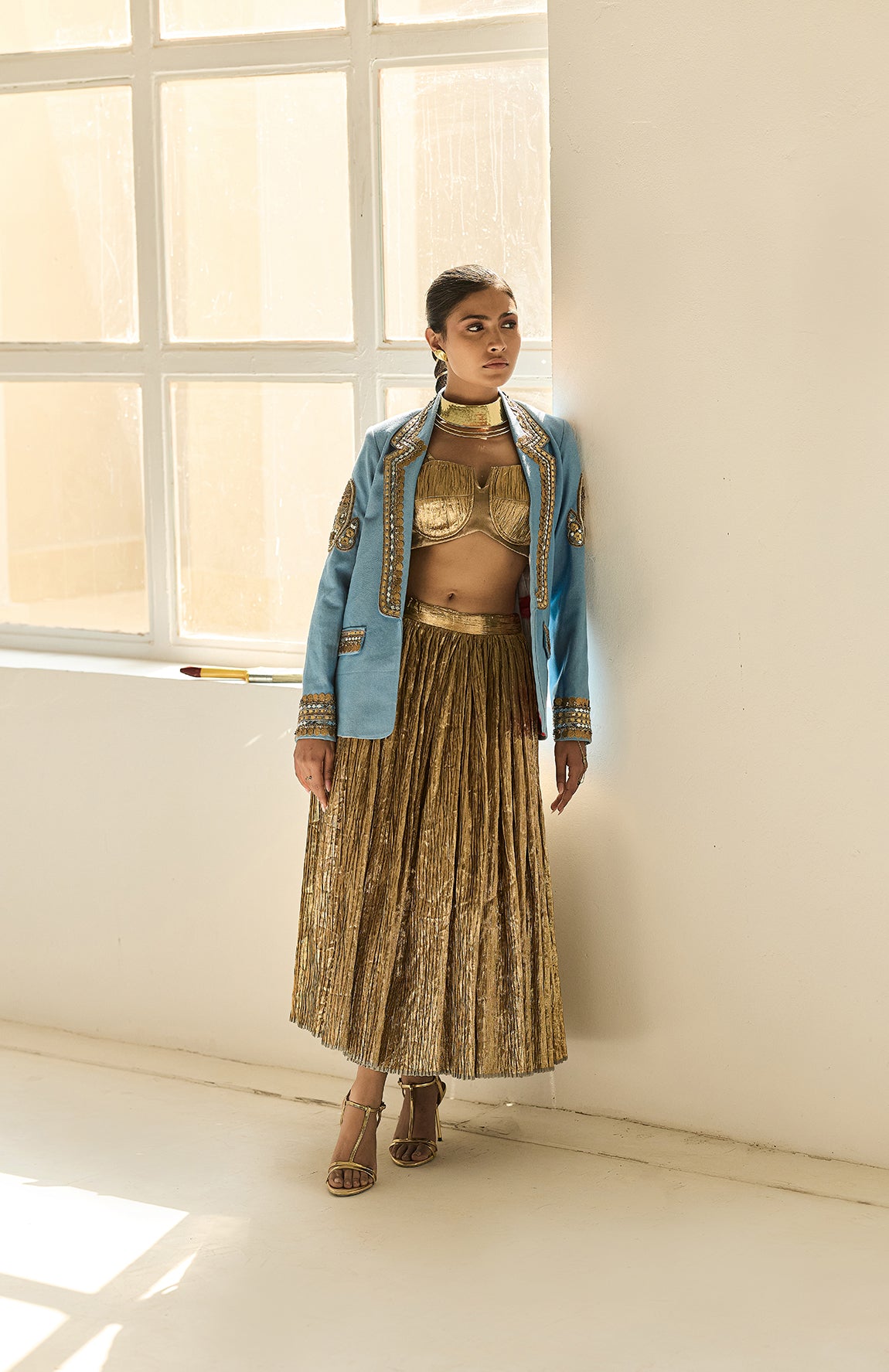 DENIM BLAZER WITH GOLD BUSTIER AND SILK JECQUARD CRUSHED LEHANGA