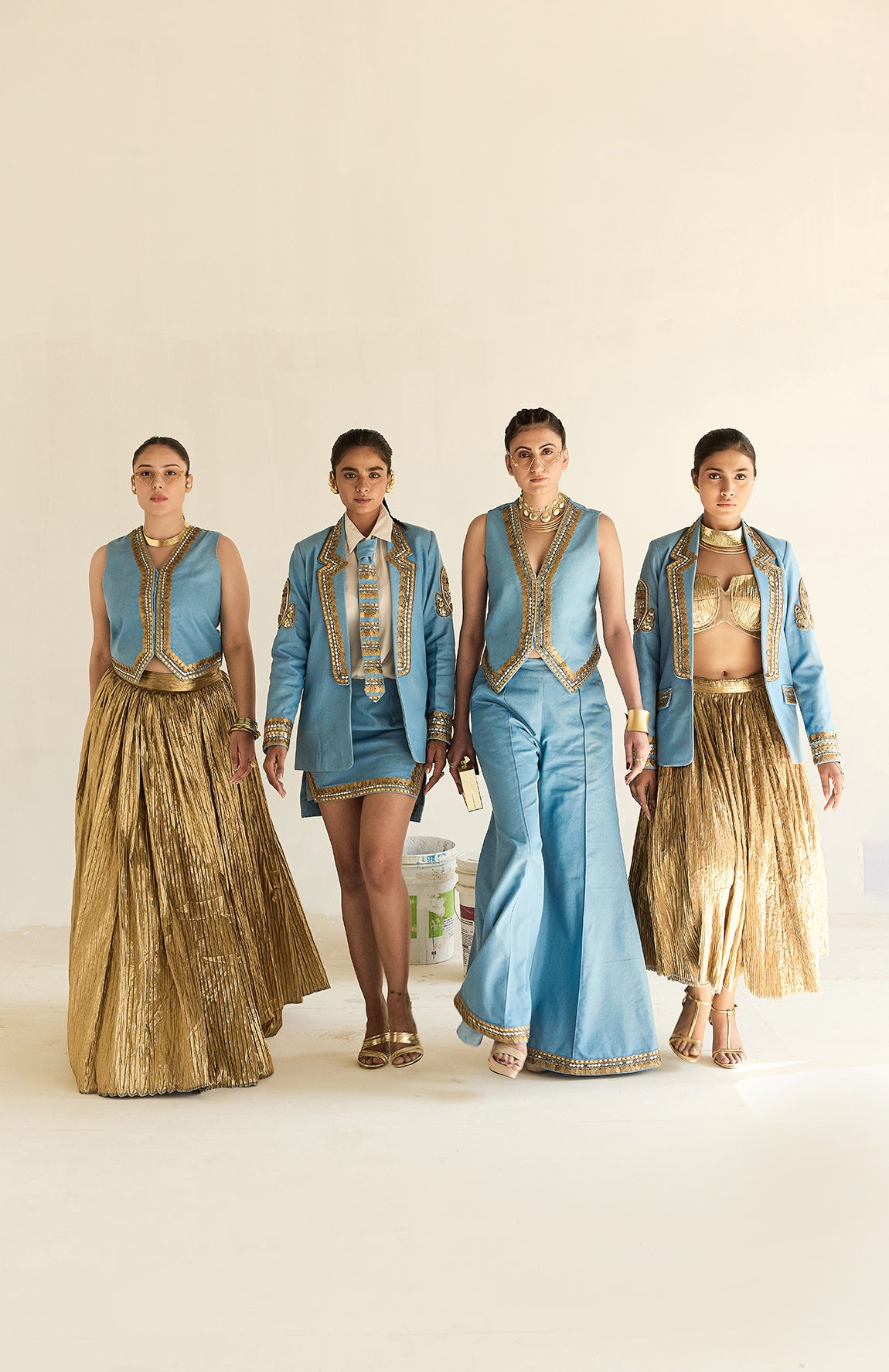 DENIM BLAZER WITH GOLD BUSTIER AND SILK JECQUARD CRUSHED LEHANGA