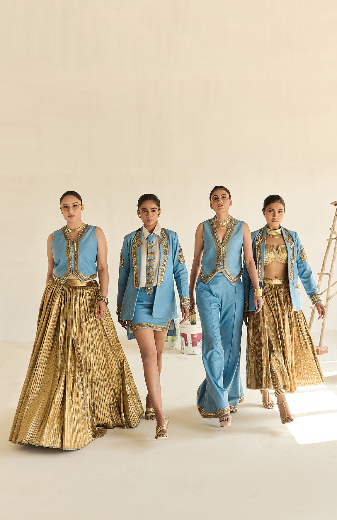 DENIM BLAZER WITH GOLD BUSTIER AND SILK JECQUARD CRUSHED LEHANGA