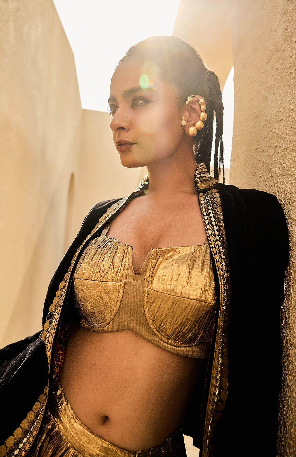 VELVET JACKET SILK JACQUARD BUSTIER CRUSHED SKIRT