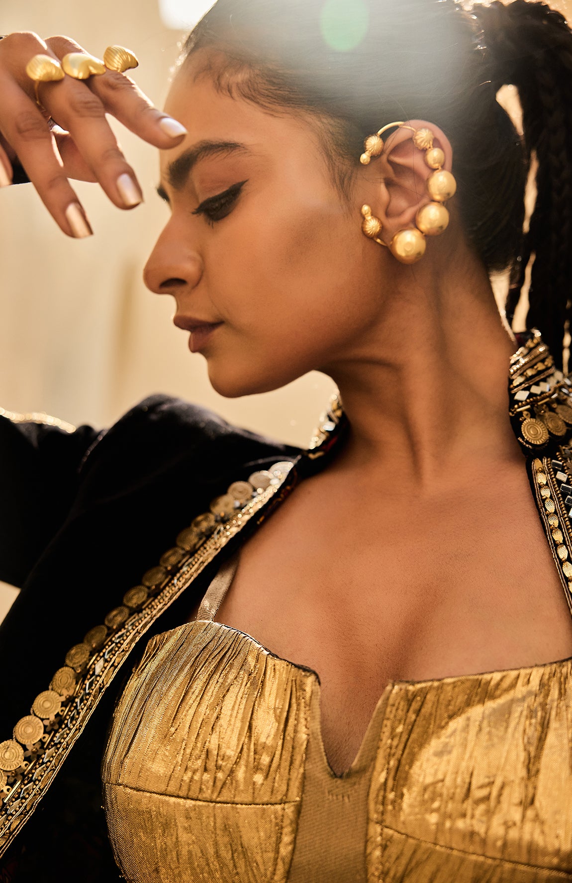 VELVET JACKET SILK JACQUARD BUSTIER CRUSHED SKIRT