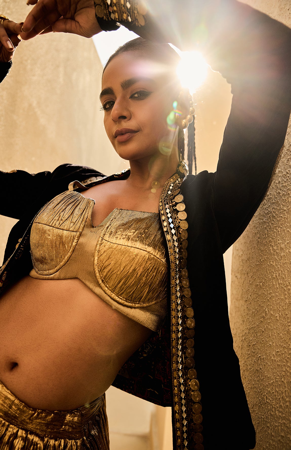 VELVET JACKET SILK JACQUARD BUSTIER CRUSHED SKIRT