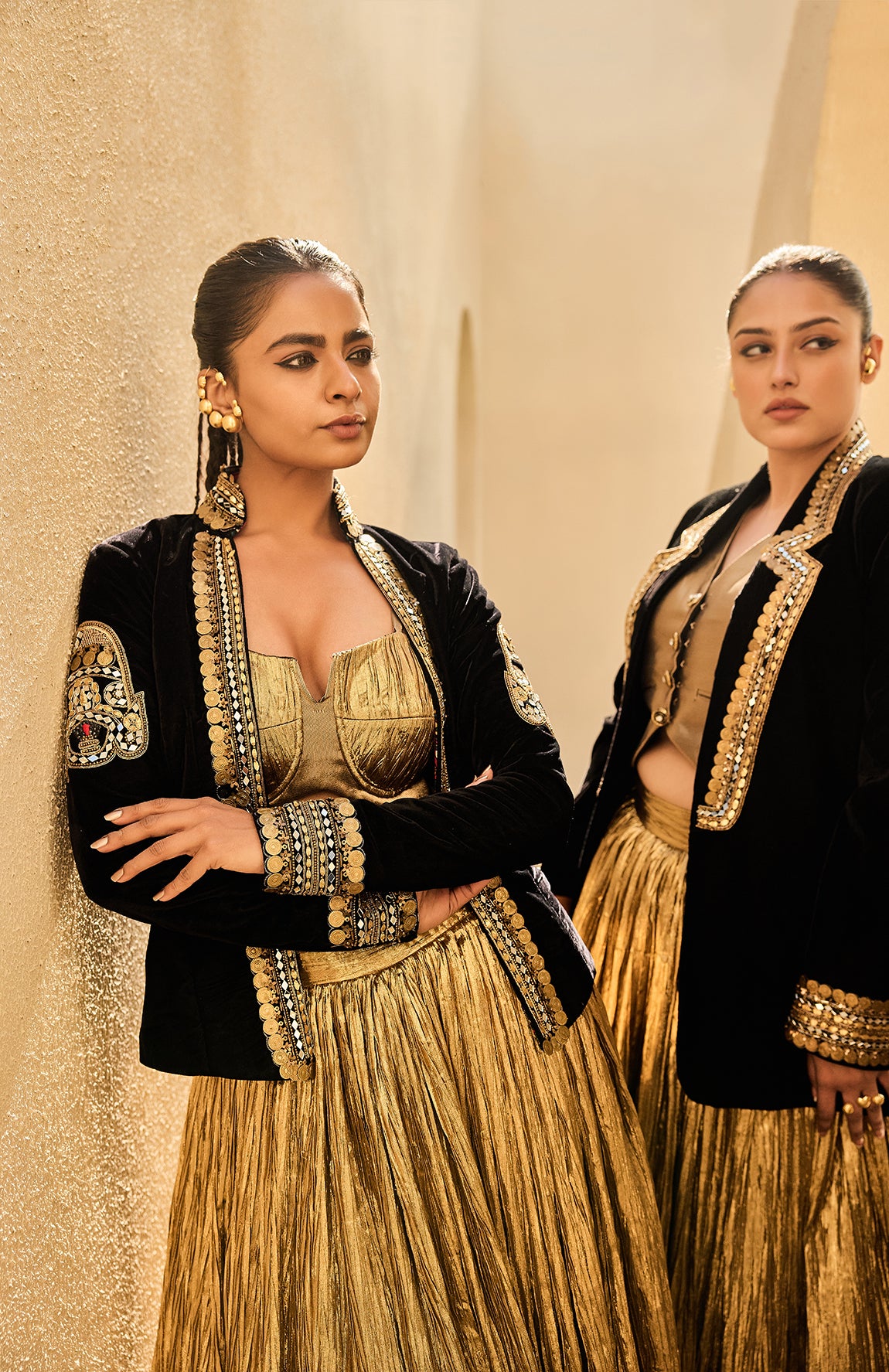 VELVET JACKET SILK JACQUARD BUSTIER CRUSHED SKIRT