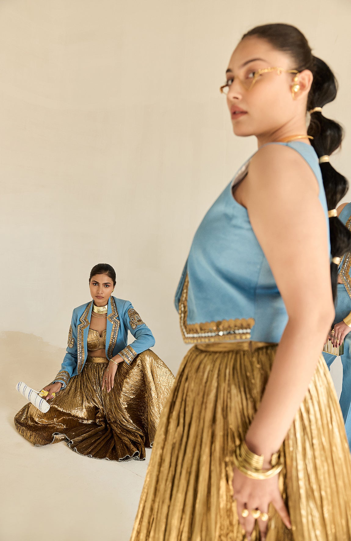 DENIM WAIST COAT AND SILK JECQUARD CRUSHED LEHANGA