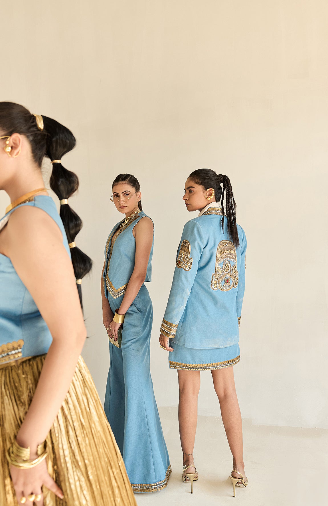 DENIM WAIST COAT AND SILK JECQUARD CRUSHED LEHANGA