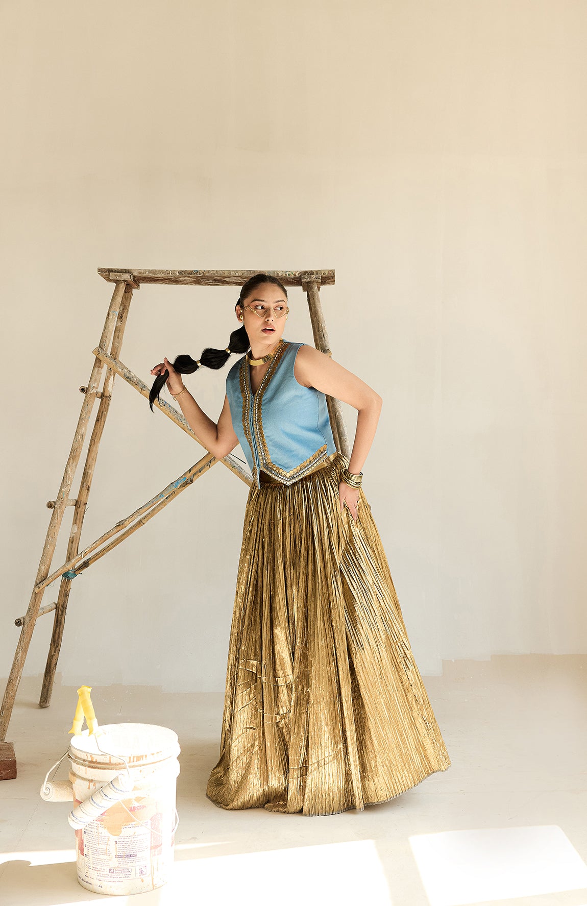 DENIM WAIST COAT AND SILK JECQUARD CRUSHED LEHANGA