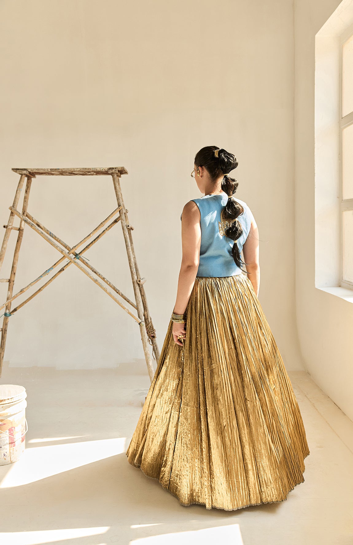 DENIM WAIST COAT AND SILK JECQUARD CRUSHED LEHANGA